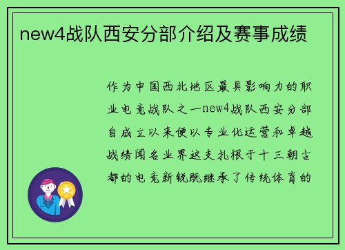 new4战队西安分部介绍及赛事成绩