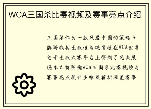 WCA三国杀比赛视频及赛事亮点介绍