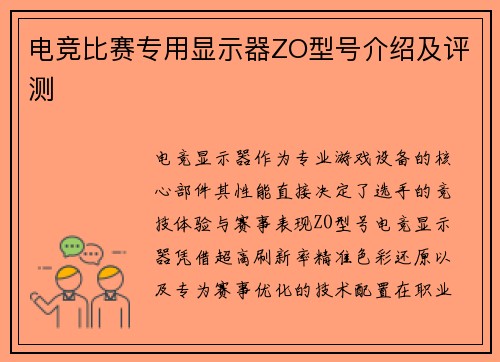 电竞比赛专用显示器ZO型号介绍及评测